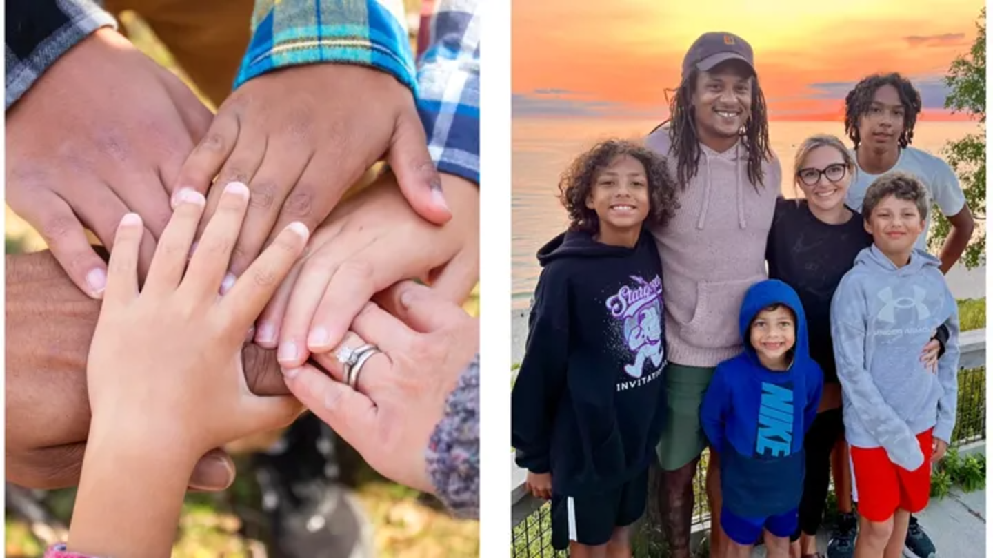 The Combs family: joined hands, and Kristina, Quentin and their four sons together at sunset